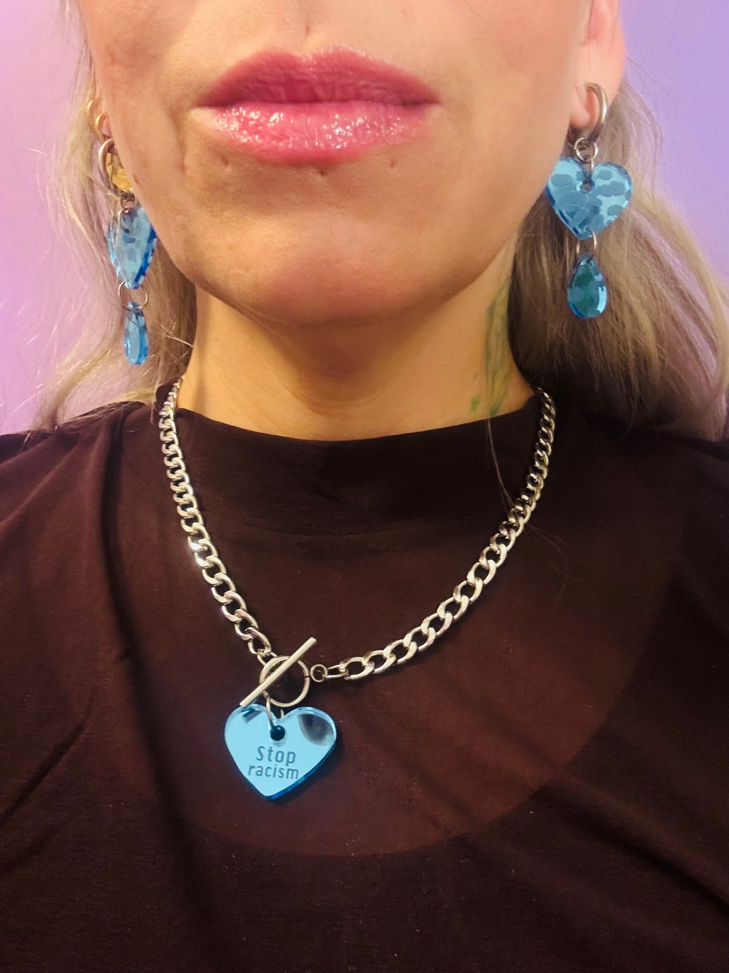 Stop racism necklace steel chunky chain/sky blue mirror