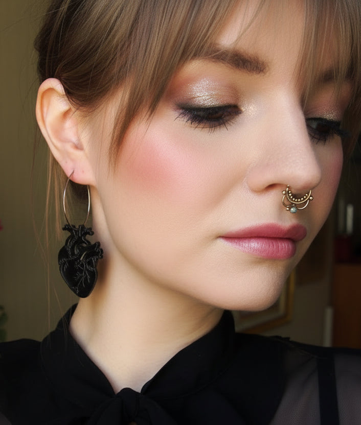 Anatomical heart Hoops, black Color Mirror Hoops