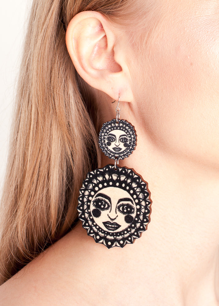 Sunny Earrings, Double Dangle Hook, Black/Wood