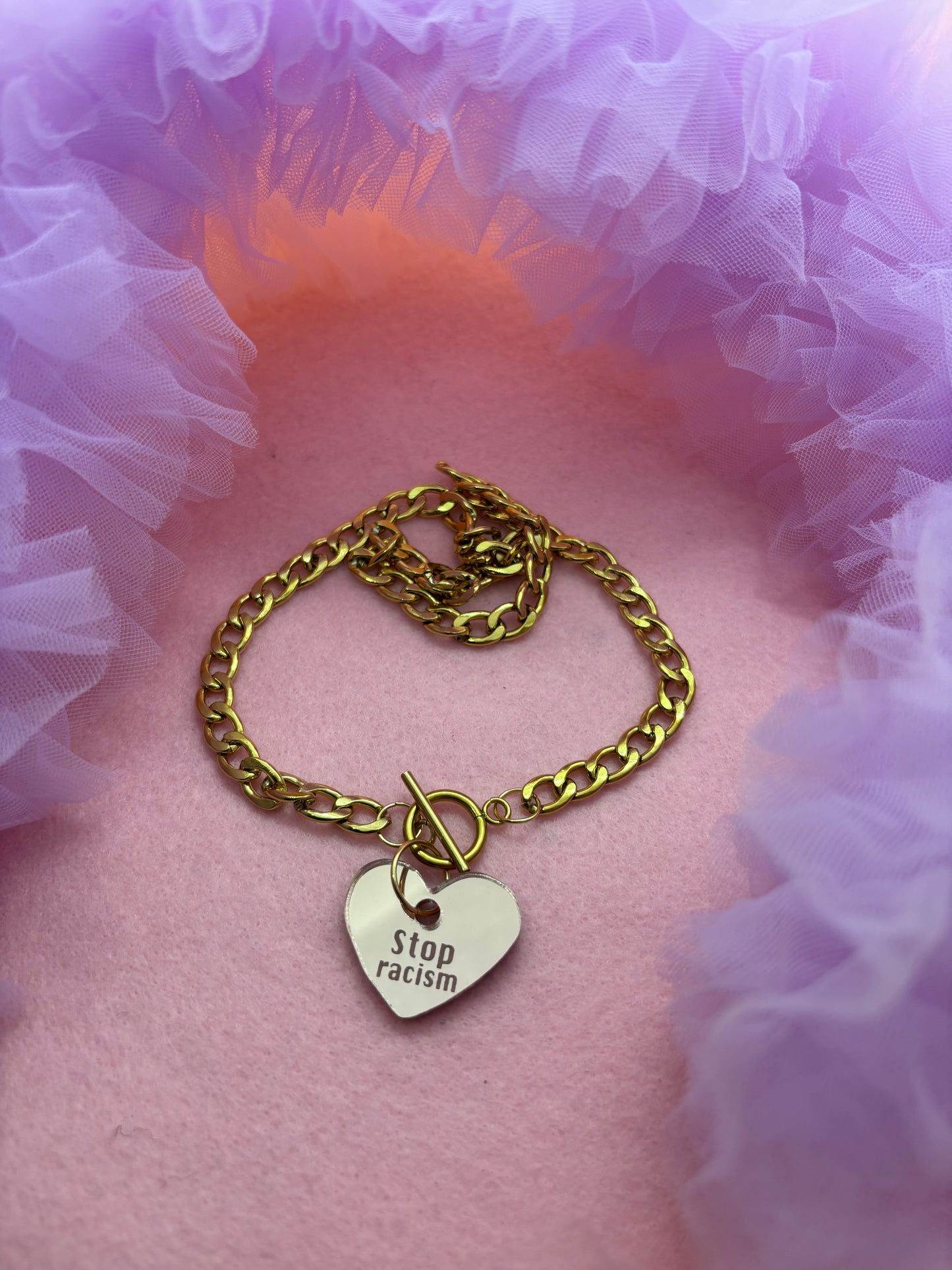 Stop racism necklace gold chunky chain/rosegold mirror