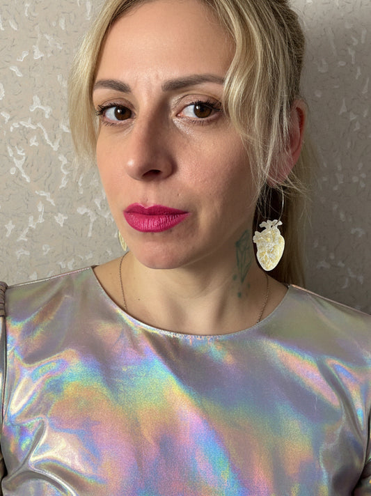 Anatomical heart Hoops, frosty iridecent Color Mirror Hoops