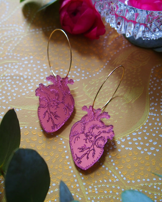 Anatomical heart Hoops, pink Color Mirror Hoops