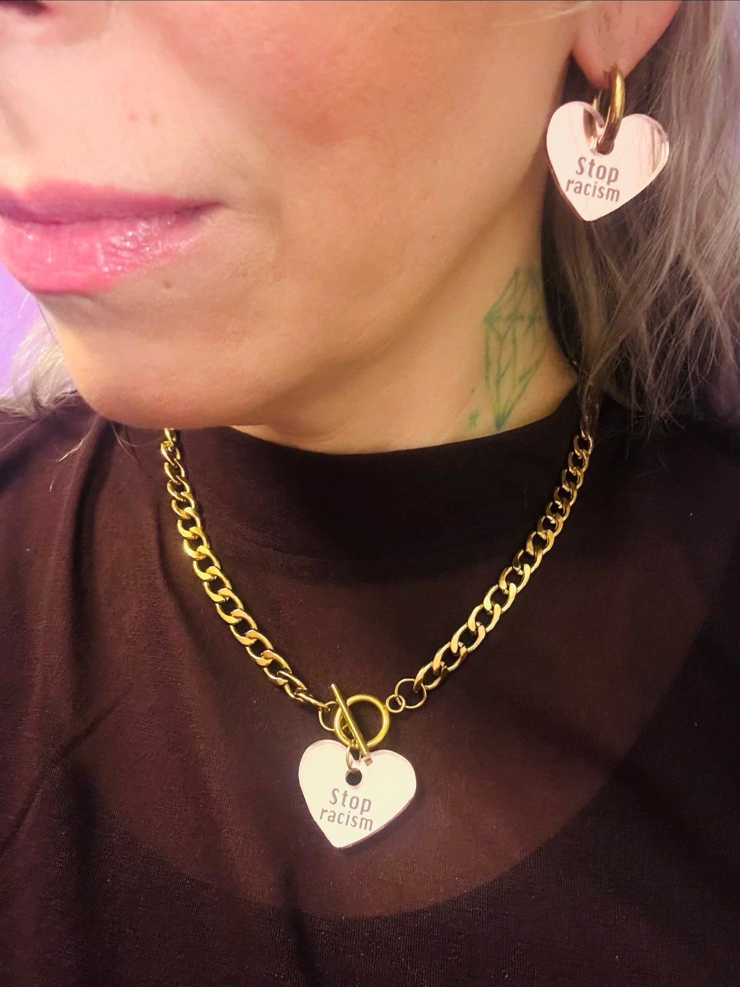 Stop racism necklace gold chunky chain/rosegold mirror