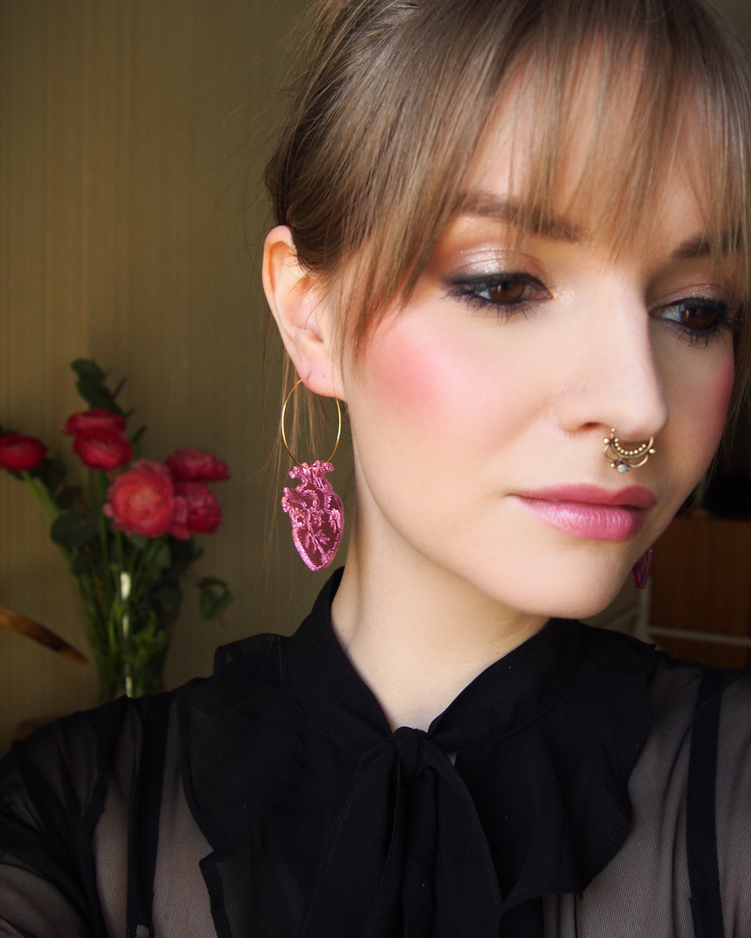 Anatomical heart Hoops, pink Color Mirror Hoops