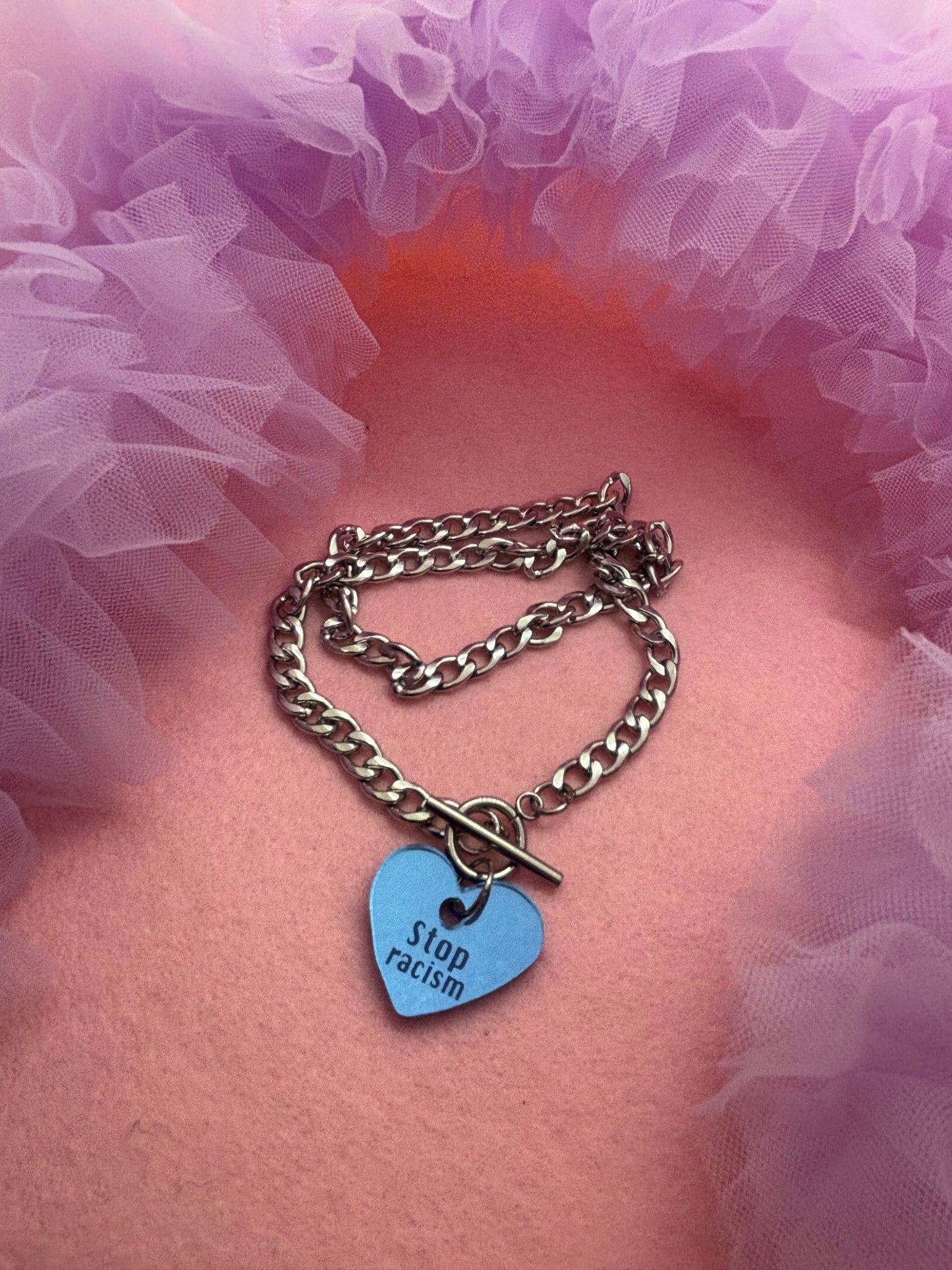 Stop racism necklace steel chunky chain/sky blue mirror