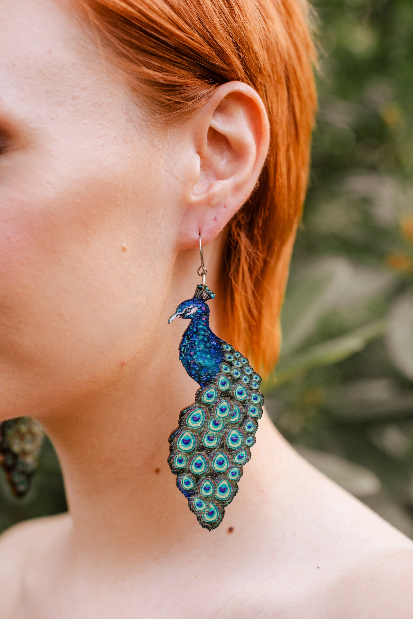 Peacock, Statement Earrings, Wood