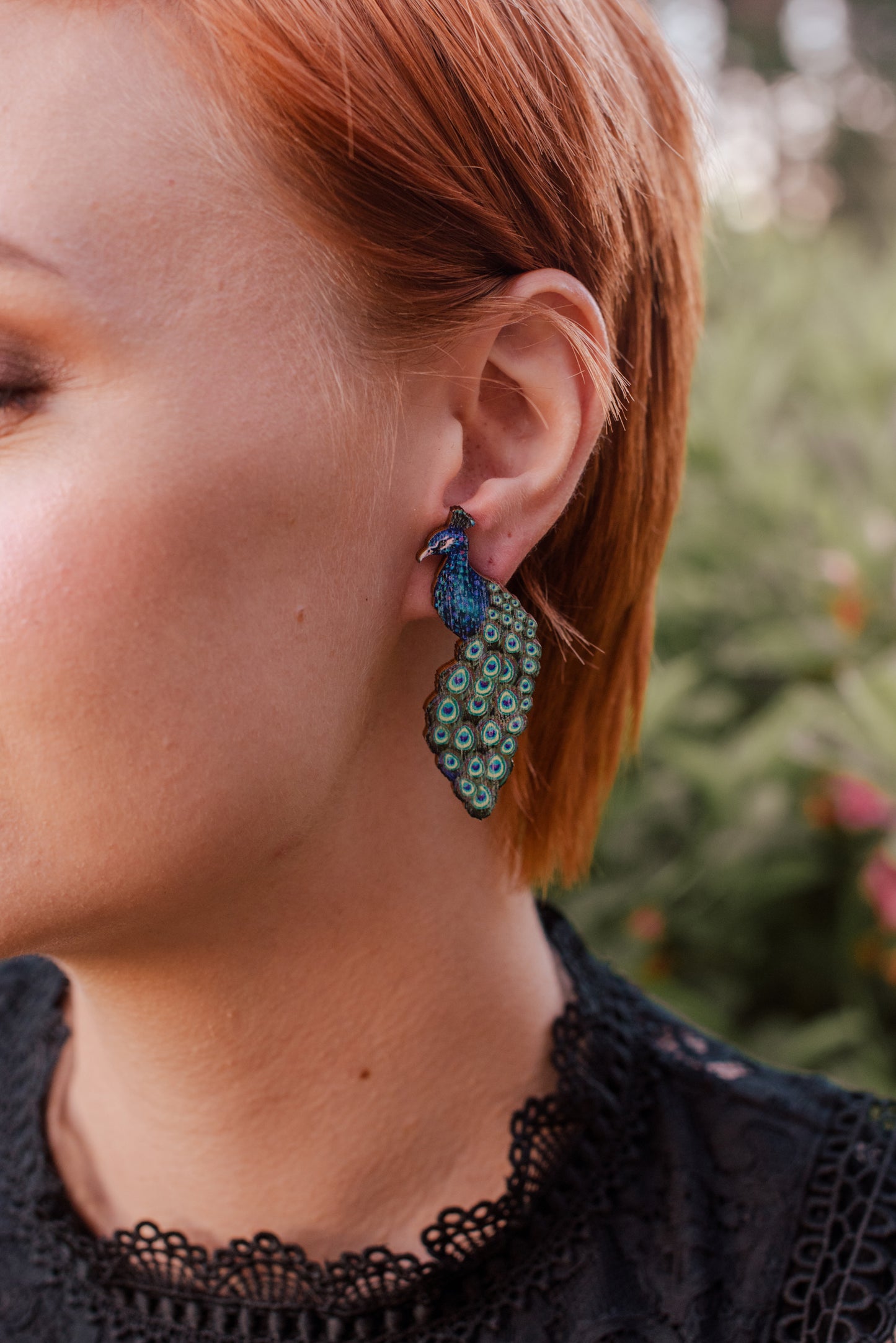 Peacock Stud Earrings, Wood