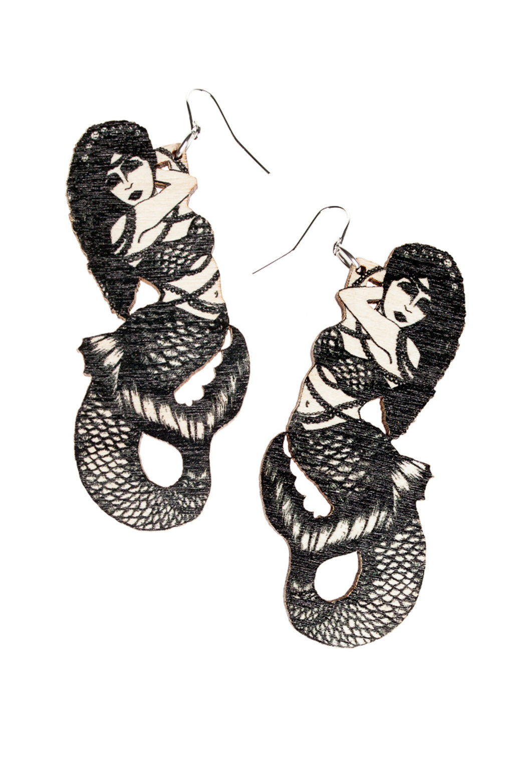 Mermaids earrings, Black/Wood